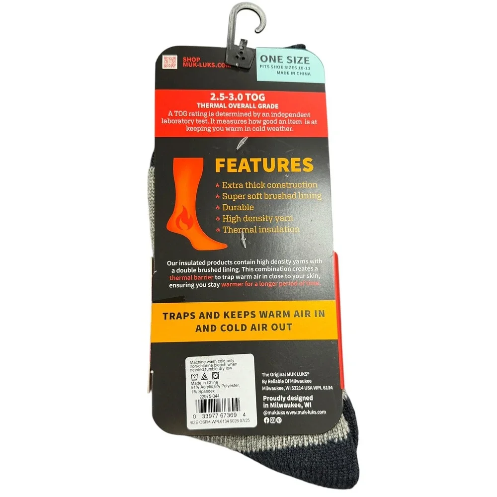 Muk Luks Heat Retainers Mens Thermal Socks Grey Navy 2.5-3.0 TOG One Size NWT